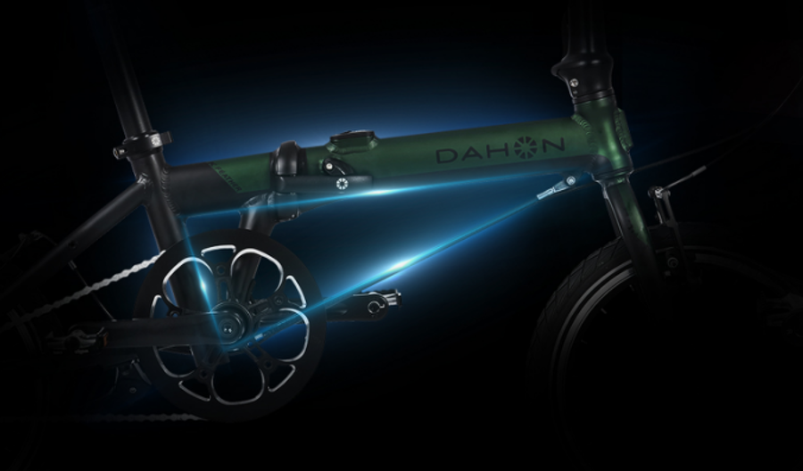 Bicycle with glowing blue accents on a dark background, featuring the brand 'Dahon'.